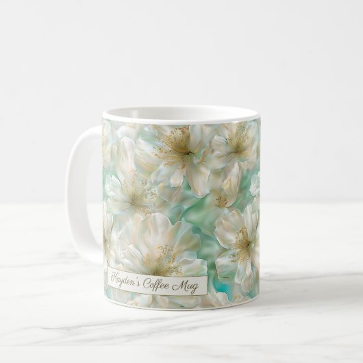 Luxe jasmijn gouden salie groene bloemenscript koffiemok (Voorkant links)