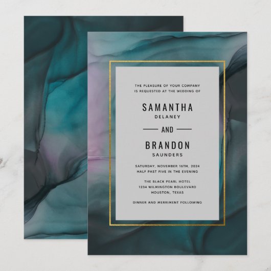 Luxe Jewel Tone Ink Wash Wedding Invitation Kaart (Voorkant / Achterkant)