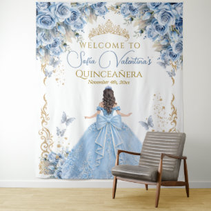 Luxe jurk babyblauw gouden Quinceanera welkom Wandkleed