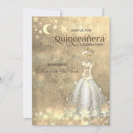  luxe jurk goud tiara Quinceañera Invit Kaart (Voorkant)