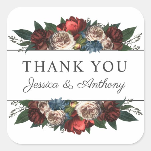 Luxe juweeltoon bloemboeket bedankje vierkante sticker (Voorkant)