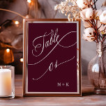 Luxe kalligrafie Bourgondië bruiloft nummer 1, Kaart<br><div class="desc">Tabel 1. Controleer alle beschikbare nummers. | Luxe en elegante swirly kalligrafie trouwtafel nummer met uw initialen. Voor meer geavanceerde aanpassing van dit ontwerp,  klikt u op de BLUE DESIGN TOOL BUTTON hierboven!</div>