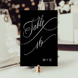 Luxe kalligrafie bruiloft nummer 16, zwart kaart<br><div class="desc">Tabel 16. Controleer alle beschikbare nummers. | Luxe en elegante swirly kalligrafie trouwtafel nummer met uw initialen. Voor meer geavanceerde aanpassing van dit ontwerp,  klikt u op de BLUE DESIGN TOOL BUTTON hierboven!</div>
