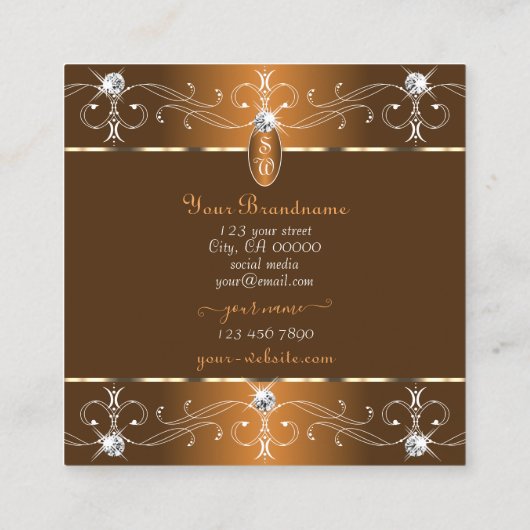 Luxe kaneel bruin Sinaasappel Ornamenten Monogram Vierkante Visitekaartje (Achterkant)