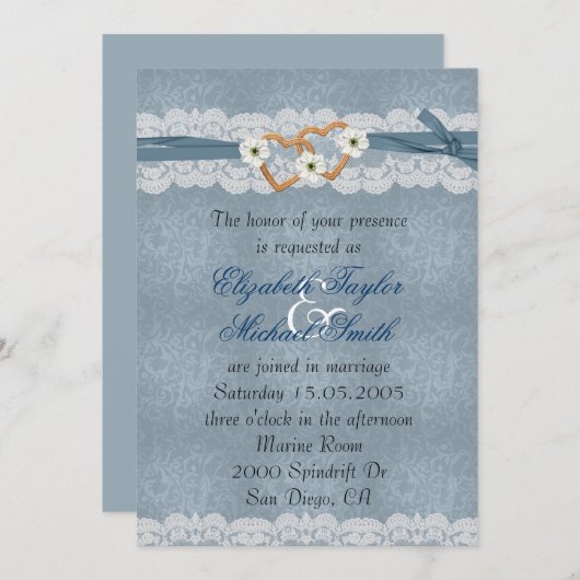 Luxe Kant Blauw Lint Harten Bruiloft Uitnodigen Kaart (Voorkant / Achterkant)