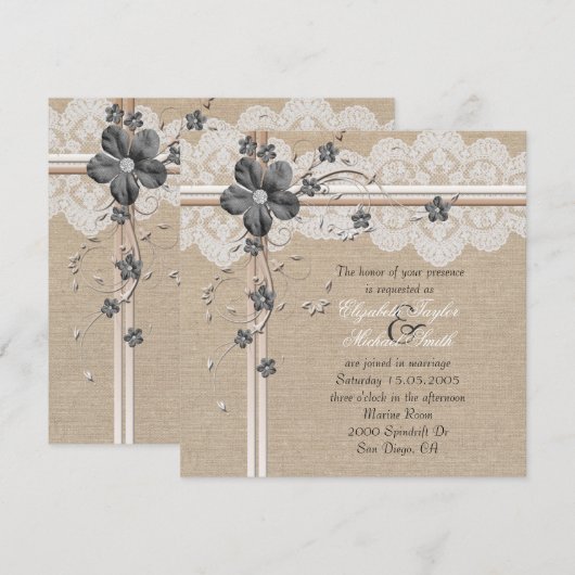 Luxe Kant Floral Burlap Bruiloft Uitnodiging (Voorkant / Achterkant)