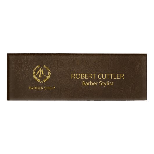 Luxe kapperszaak donkerbruin leer ziet er goud uit naambadge (Voorkant)