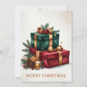 Luxe kerstcadeaus vrolijk kerstfeest feestdagenkaart (Voorkant)