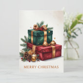 Luxe kerstcadeaus vrolijk kerstfeest feestdagenkaart (Staand voorkant)