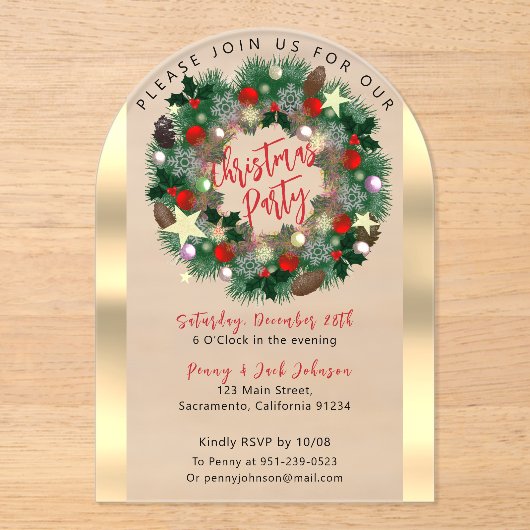 Luxe kerstkrans bevroren acryl uitnodigingen (Voorkant)