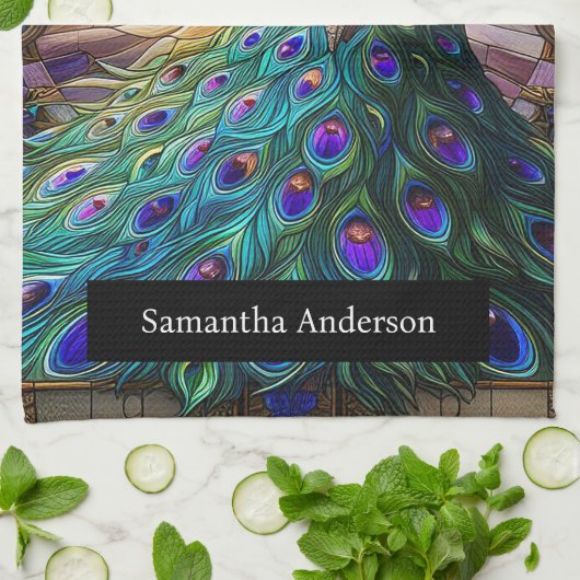 Luxe keuken: Glas in lood Peacock Custom Naam Theedoek (Gevouwen)
