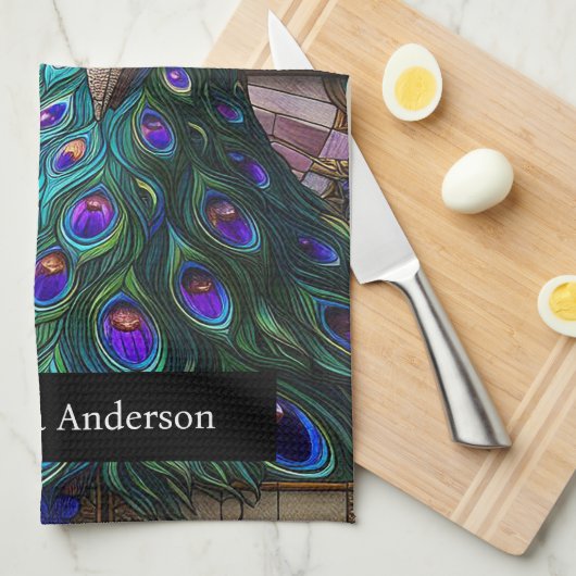Luxe keuken: Glas in lood Peacock Custom Naam Theedoek (Quarter Fold)