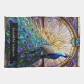 Luxe keuken: Glas in lood Peacock Custom Naam Theedoek (Horizontaal)