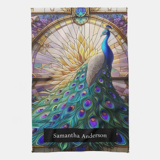 Luxe keuken: Glas in lood Peacock Custom Naam Theedoek (Verticaal)