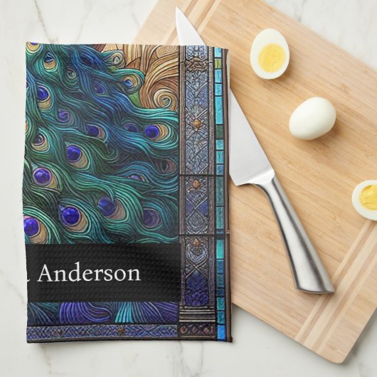 Luxe keuken: Glas in lood Peacock Custom Naam Theedoek (Quarter Fold)