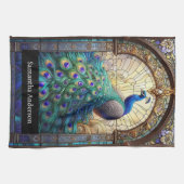 Luxe keuken: Glas in lood Peacock Custom Naam Theedoek (Horizontaal)