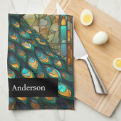Luxe keuken: Glas in lood Peacock Custom Naam Theedoek (Quarter Fold)