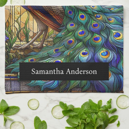 Luxe keuken: Glas in lood Peacock Custom Naam Theedoek (Gevouwen)