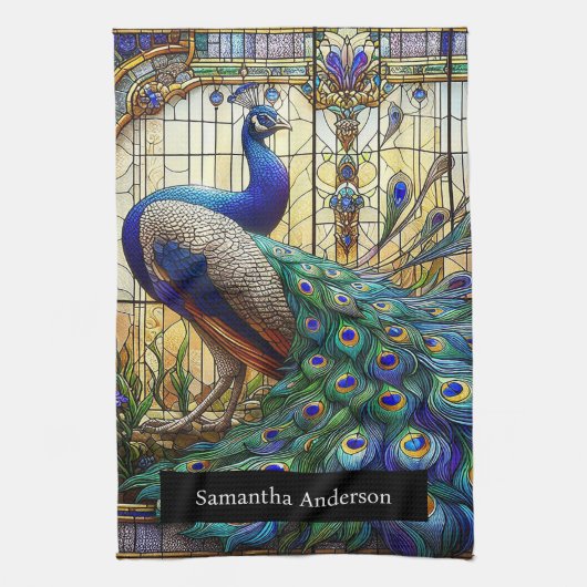 Luxe keuken: Glas in lood Peacock Custom Naam Theedoek (Verticaal)