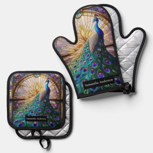 Luxe keuken: Glas in lood Peacock Ovenwant & Pannenlap Set (Voorkant / Achterkant)