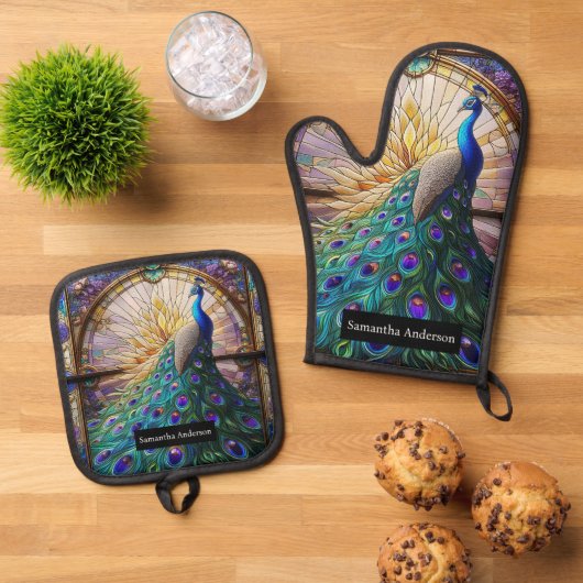 Luxe keuken: Glas in lood Peacock Ovenwant & Pannenlap Set (Top down)