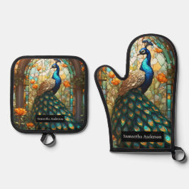 Luxe keuken: Glas in lood Peacock Ovenwant & Pannenlap Set