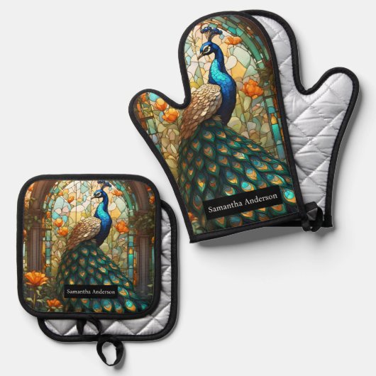 Luxe keuken: Glas in lood Peacock Ovenwant & Pannenlap Set (Voorkant / Achterkant)