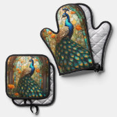 Luxe keuken: Glas in lood Peacock Ovenwant & Pannenlap Set (Voorkant / Achterkant)
