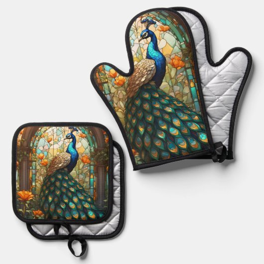 Luxe keuken: Glas in lood Peacock Ovenwant & Pannenlap Set (Voorkant / Achterkant)