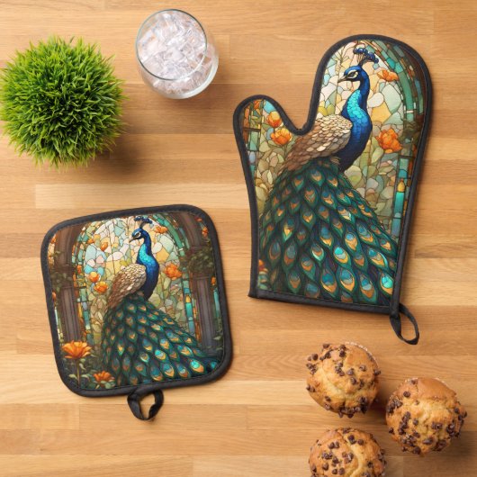 Luxe keuken: Glas in lood Peacock Ovenwant & Pannenlap Set (Top down)