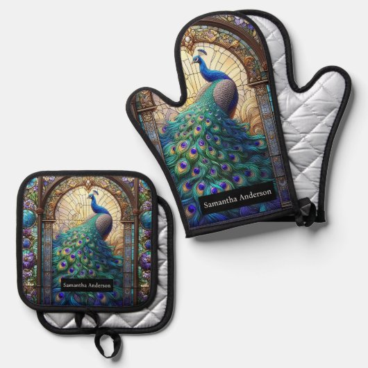 Luxe keuken: Glas in lood Peacock Ovenwant & Pannenlap Set (Voorkant / Achterkant)