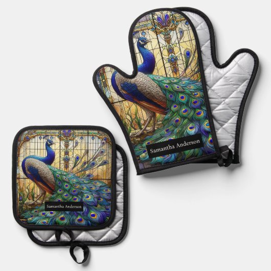 Luxe keuken: Glas in lood Peacock Ovenwant & Pannenlap Set (Voorkant / Achterkant)