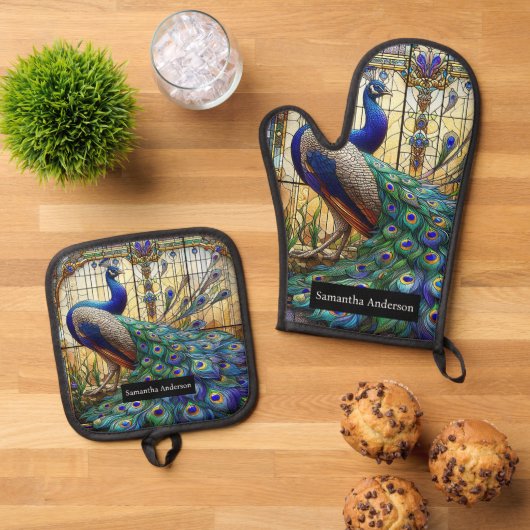 Luxe keuken: Glas in lood Peacock Ovenwant & Pannenlap Set (Top down)