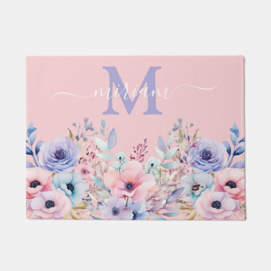 Luxe Keuken Vloermat: Roze en Blauwe bloemen Deurmat (Voorkant)