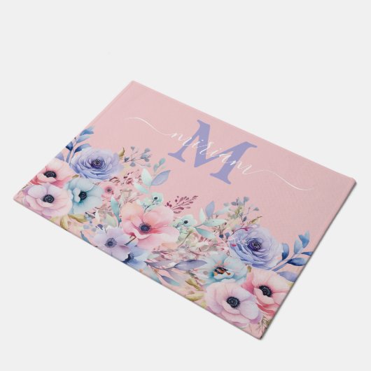 Luxe Keuken Vloermat: Roze en Blauwe bloemen Deurmat (Schuin)