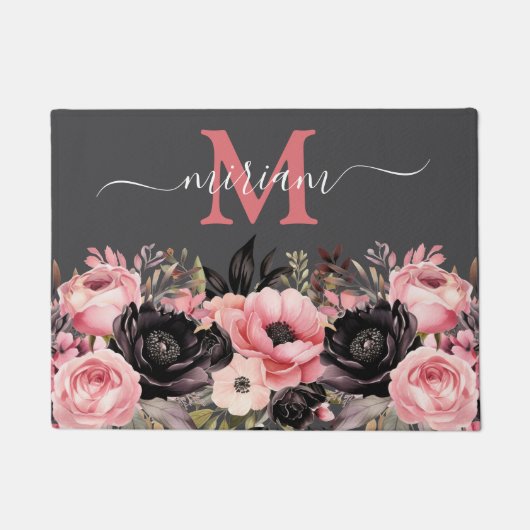 Luxe Keuken Vloermat: Roze en zwarte bloemen Deurmat (Voorkant)