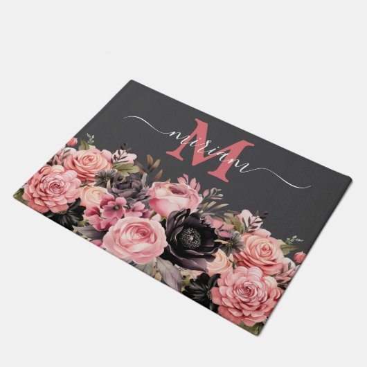 Luxe Keuken Vloermat: Roze en zwarte bloemen Deurmat (Schuin)