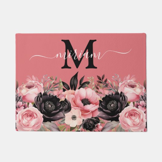 Luxe Keuken Vloermat: Roze en zwarte bloemen Deurmat (Voorkant)