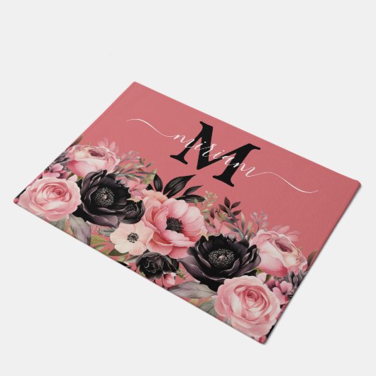 Luxe Keuken Vloermat: Roze en zwarte bloemen Deurmat (Schuin)