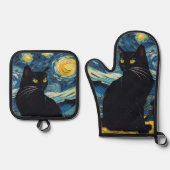 Luxe keuken: Zwarte kat Sterrennacht Van Gogh Ovenwant & Pannenlap Set (Voorkant)