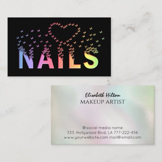 Luxe kleurrijke regenboogvlinders nagels logo visitekaartje (Voorkant / Achterkant)