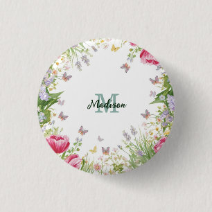 Luxe Kleurrijke Wilde Bloem blauwe vlinder  Ronde Button 3,2 Cm