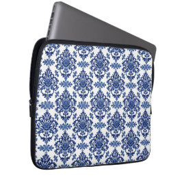 Luxe Koningsblauw en Wit Barok Bloemmotief Laptop Sleeve