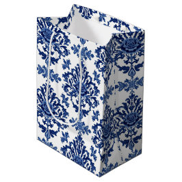 Luxe Koningsblauw en Wit Barok Bloemmotief Medium Cadeauzakje