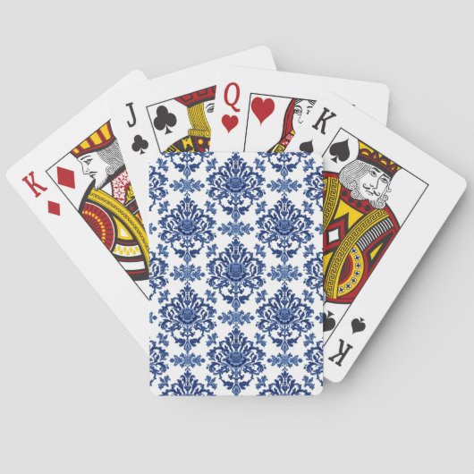 Luxe Koningsblauw en Wit Barok Bloemmotief Pokerkaarten (Achterkant)