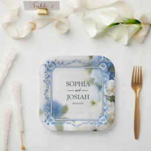Luxe Koninklijk Blauw en Wit Barok Bloemmotief Papieren Bordje