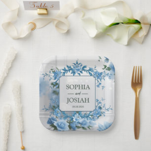 Luxe Koninklijk Blauw en Wit Barok Bloemmotief Papieren Bordje