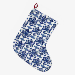 Luxe Koninklijk Blauw en Wit Barok Bloempatroon Grote Kerstsok