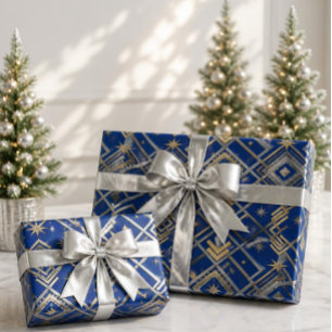 Luxe Koninklijk Blauwe Art Deco Goud & Zilver Kers Cadeaupapier