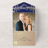 Luxe Koninklijke Blauwe en Gouden bruiloft All In One Uitnodiging (Buitenkant)